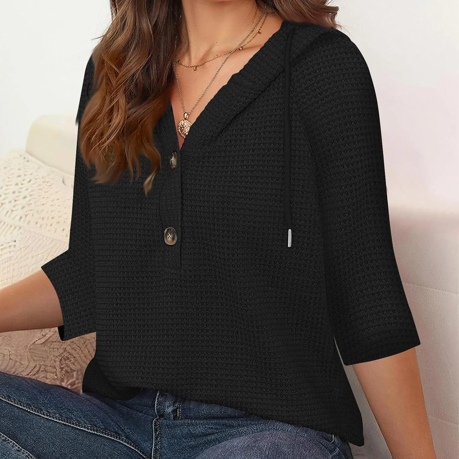 Waffle Knit Tops for Women Loose Fit 3/4 Sleeve Henley V Neck T Shirts Casual Spring Knitted Lightweight Tunic Hoodie