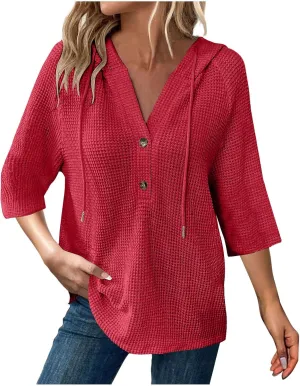 Waffle Knit Tops for Women Loose Fit 3/4 Sleeve Henley V Neck T Shirts Casual Spring Knitted Lightweight Tunic Hoodie
