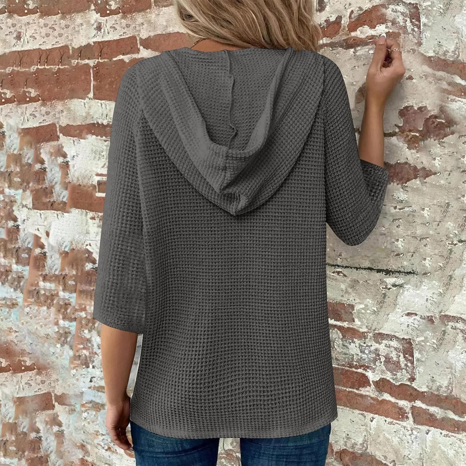 Waffle Knit Tops for Women Loose Fit 3/4 Sleeve Henley V Neck T Shirts Casual Spring Knitted Lightweight Tunic Hoodie