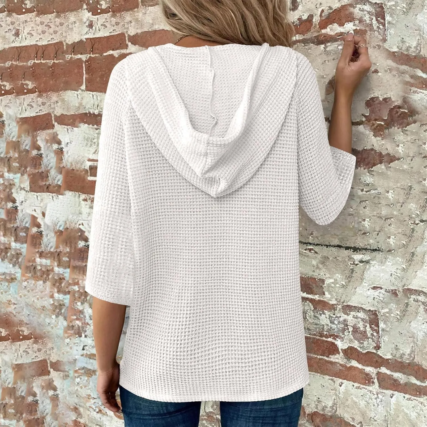 Waffle Knit Tops for Women Loose Fit 3/4 Sleeve Henley V Neck T Shirts Casual Spring Knitted Lightweight Tunic Hoodie