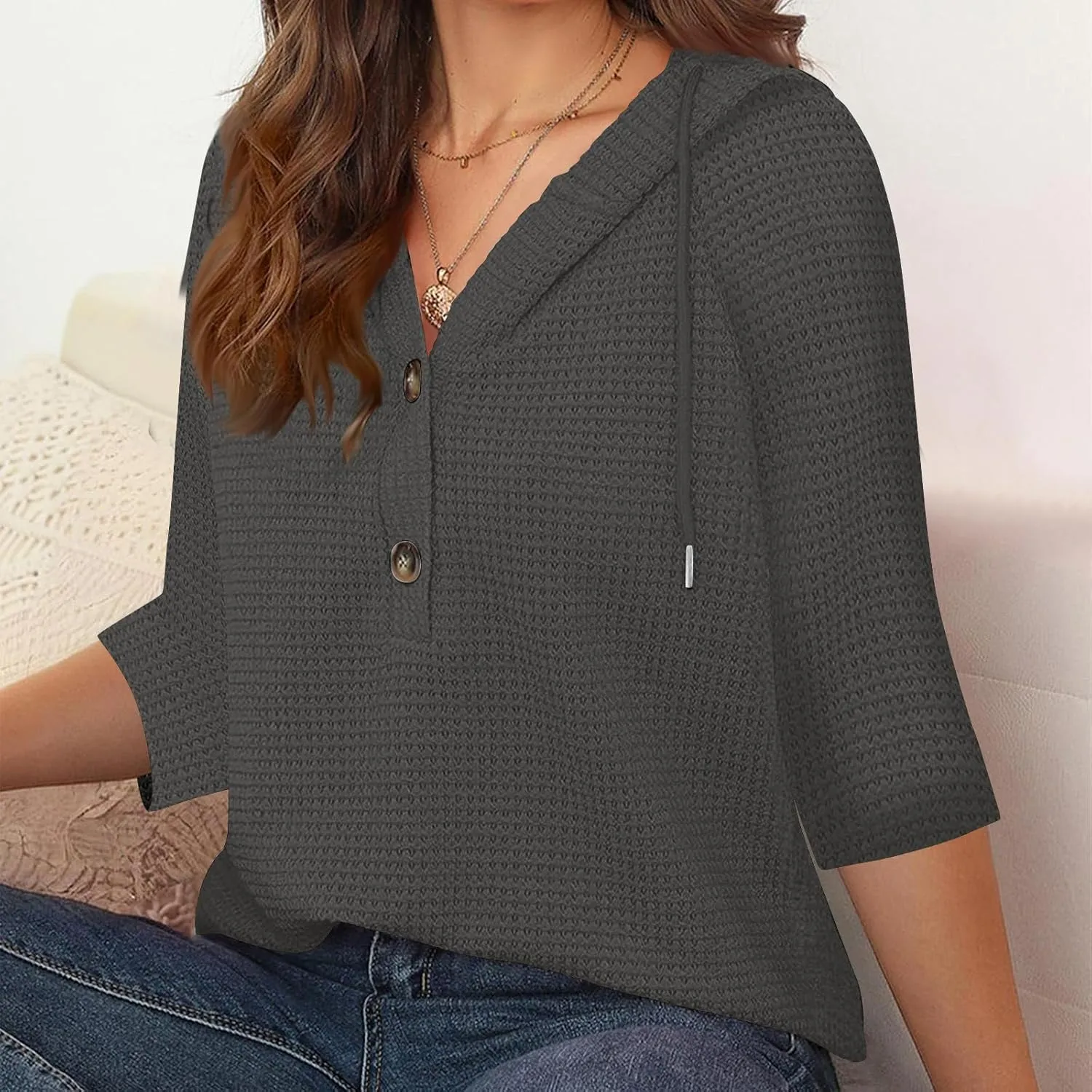 Waffle Knit Tops for Women Loose Fit 3/4 Sleeve Henley V Neck T Shirts Casual Spring Knitted Lightweight Tunic Hoodie