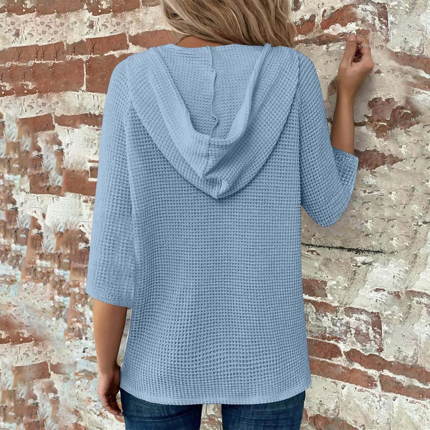 Waffle Knit Tops for Women Loose Fit 3/4 Sleeve Henley V Neck T Shirts Casual Spring Knitted Lightweight Tunic Hoodie
