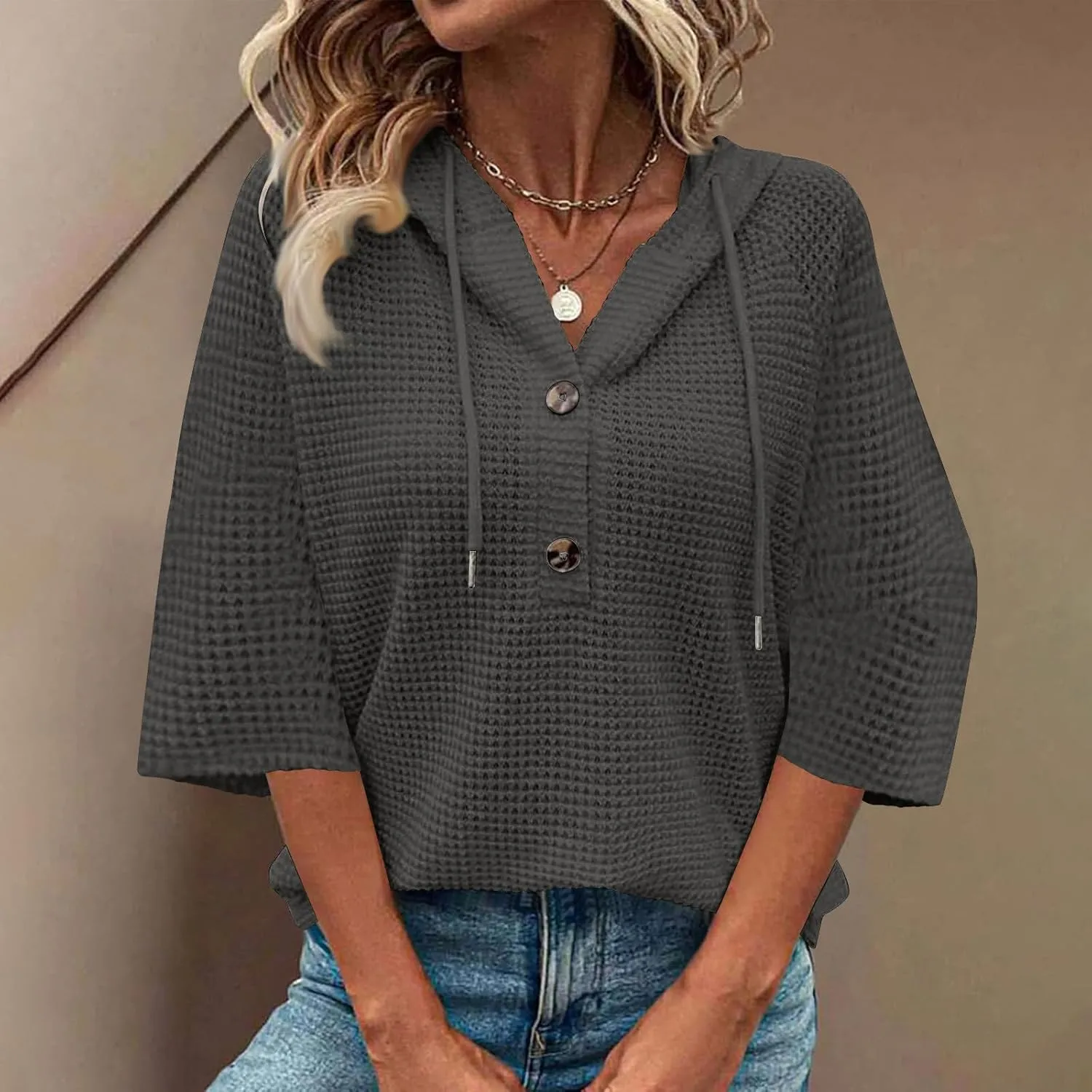 Waffle Knit Tops for Women Loose Fit 3/4 Sleeve Henley V Neck T Shirts Casual Spring Knitted Lightweight Tunic Hoodie