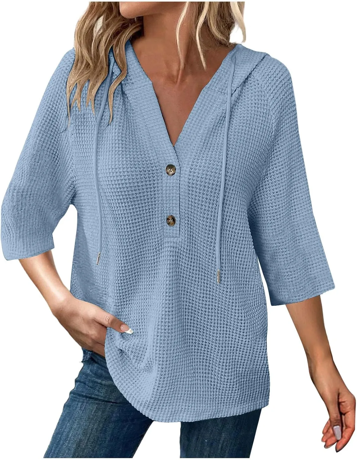 Waffle Knit Tops for Women Loose Fit 3/4 Sleeve Henley V Neck T Shirts Casual Spring Knitted Lightweight Tunic Hoodie