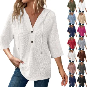 Waffle Knit Tops for Women Loose Fit 3/4 Sleeve Henley V Neck T Shirts Casual Spring Knitted Lightweight Tunic Hoodie