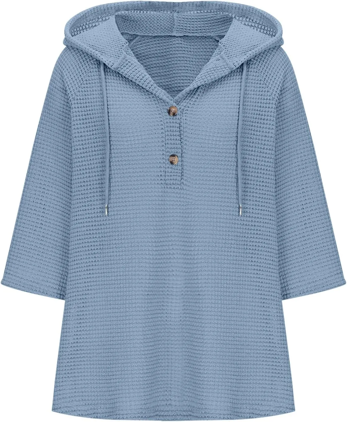 Waffle Knit Tops for Women Loose Fit 3/4 Sleeve Henley V Neck T Shirts Casual Spring Knitted Lightweight Tunic Hoodie