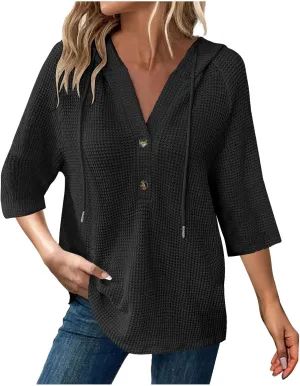 Waffle Knit Tops for Women Loose Fit 3/4 Sleeve Henley V Neck T Shirts Casual Spring Knitted Lightweight Tunic Hoodie