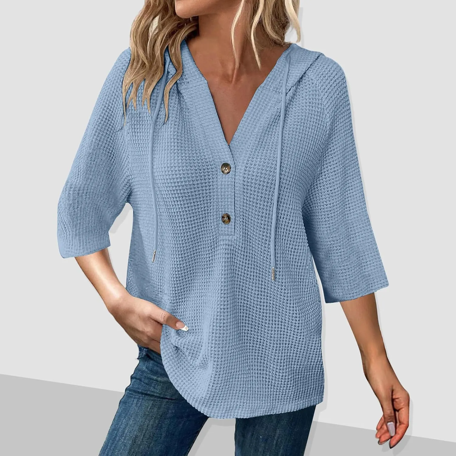 Waffle Knit Tops for Women Loose Fit 3/4 Sleeve Henley V Neck T Shirts Casual Spring Knitted Lightweight Tunic Hoodie