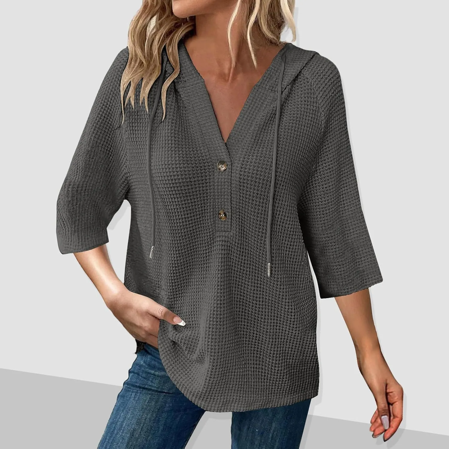 Waffle Knit Tops for Women Loose Fit 3/4 Sleeve Henley V Neck T Shirts Casual Spring Knitted Lightweight Tunic Hoodie