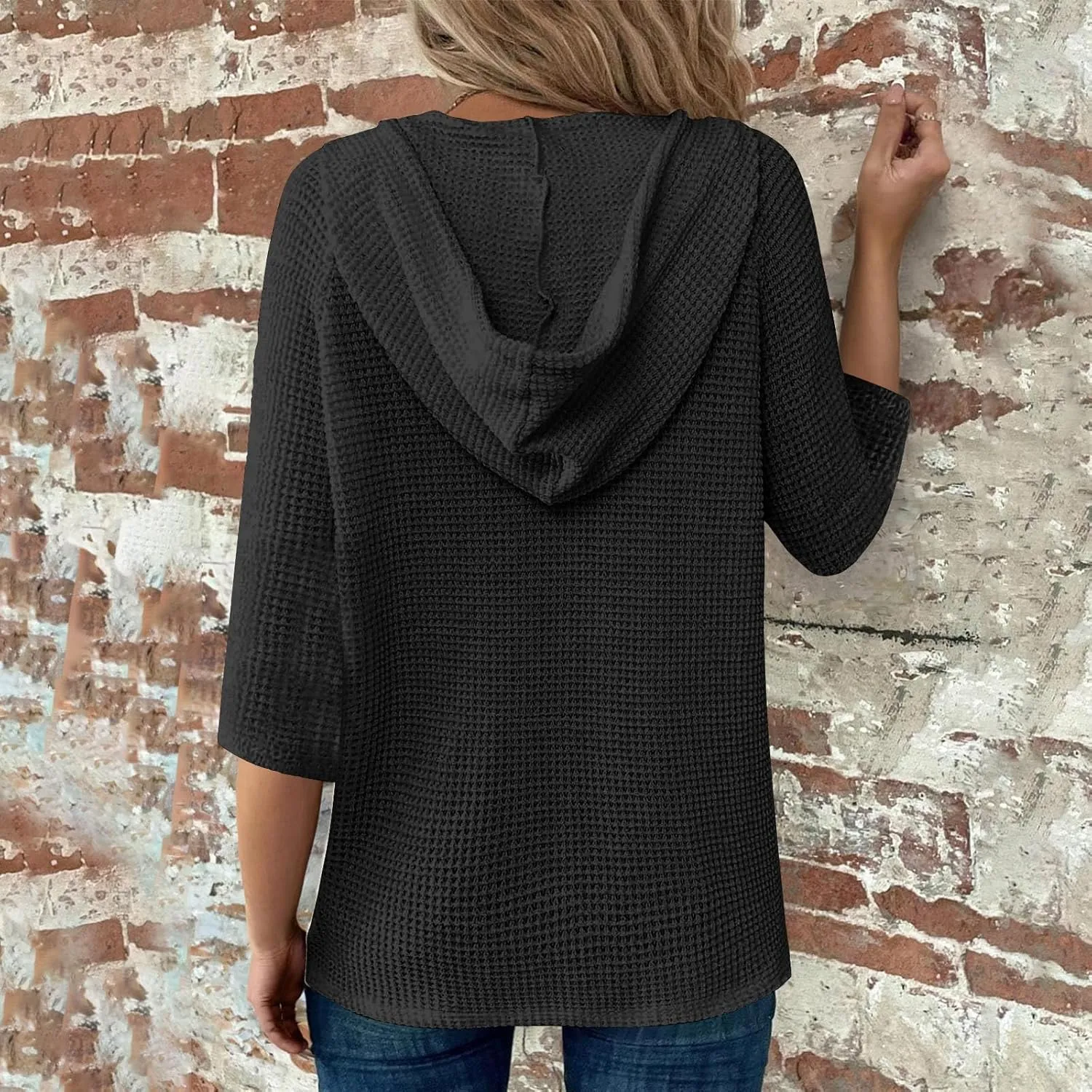 Waffle Knit Tops for Women Loose Fit 3/4 Sleeve Henley V Neck T Shirts Casual Spring Knitted Lightweight Tunic Hoodie