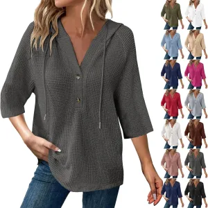 Waffle Knit Tops for Women Loose Fit 3/4 Sleeve Henley V Neck T Shirts Casual Spring Knitted Lightweight Tunic Hoodie