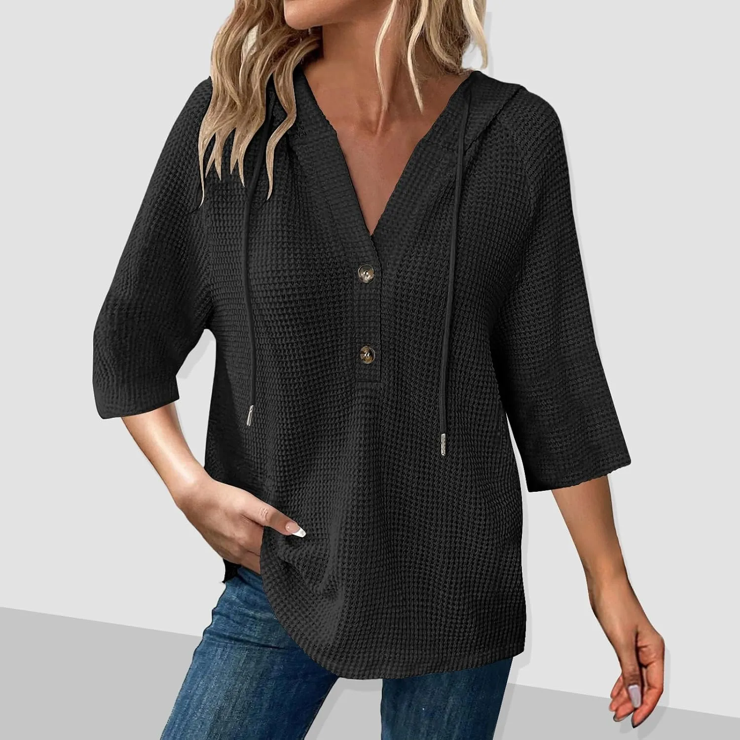 Waffle Knit Tops for Women Loose Fit 3/4 Sleeve Henley V Neck T Shirts Casual Spring Knitted Lightweight Tunic Hoodie