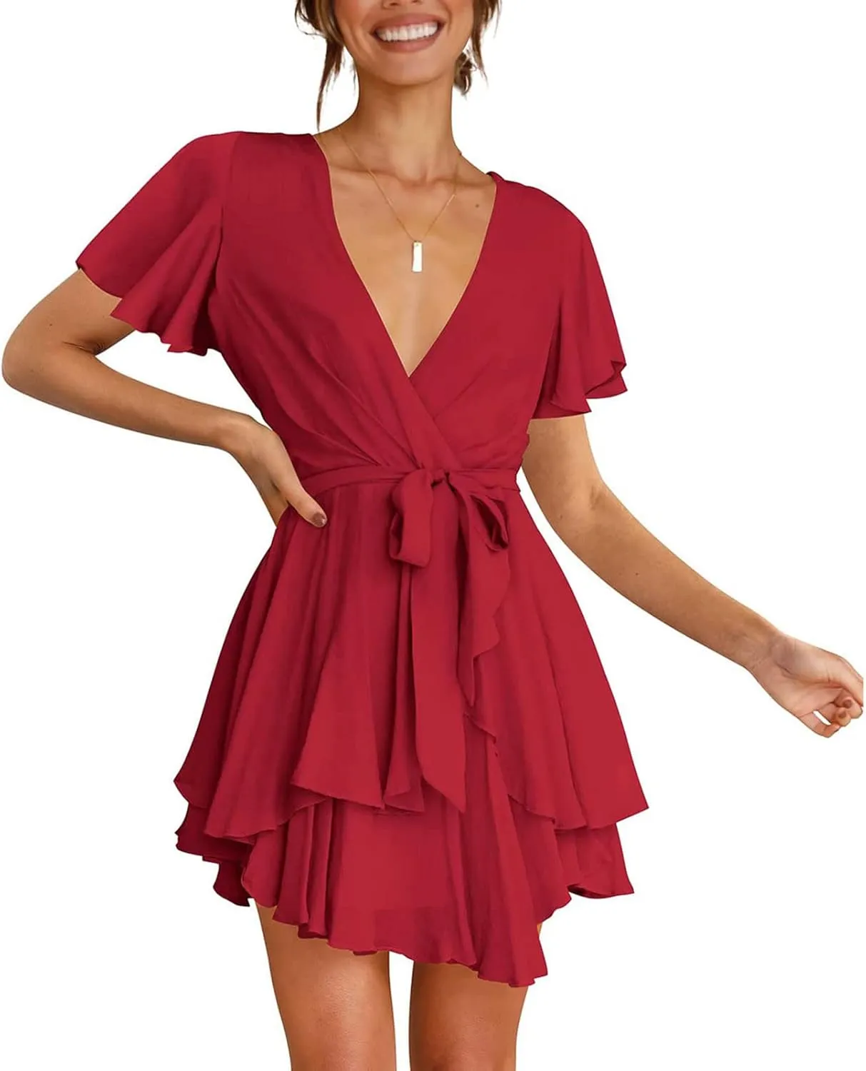 Waist Tie Layer Ruffle Dresses V-Neck Bandage Tunic Solid Mini Dress Short Sleeve Summer Dress for Women Sexy Sundress