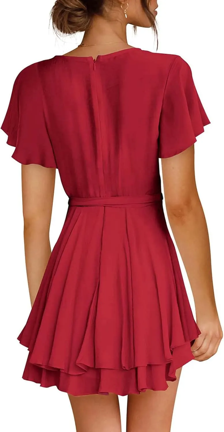 Waist Tie Layer Ruffle Dresses V-Neck Bandage Tunic Solid Mini Dress Short Sleeve Summer Dress for Women Sexy Sundress