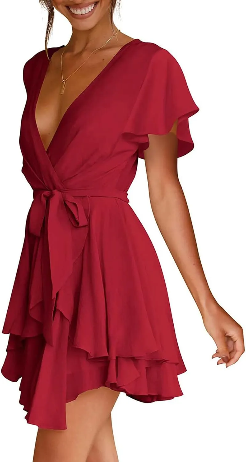 Waist Tie Layer Ruffle Dresses V-Neck Bandage Tunic Solid Mini Dress Short Sleeve Summer Dress for Women Sexy Sundress