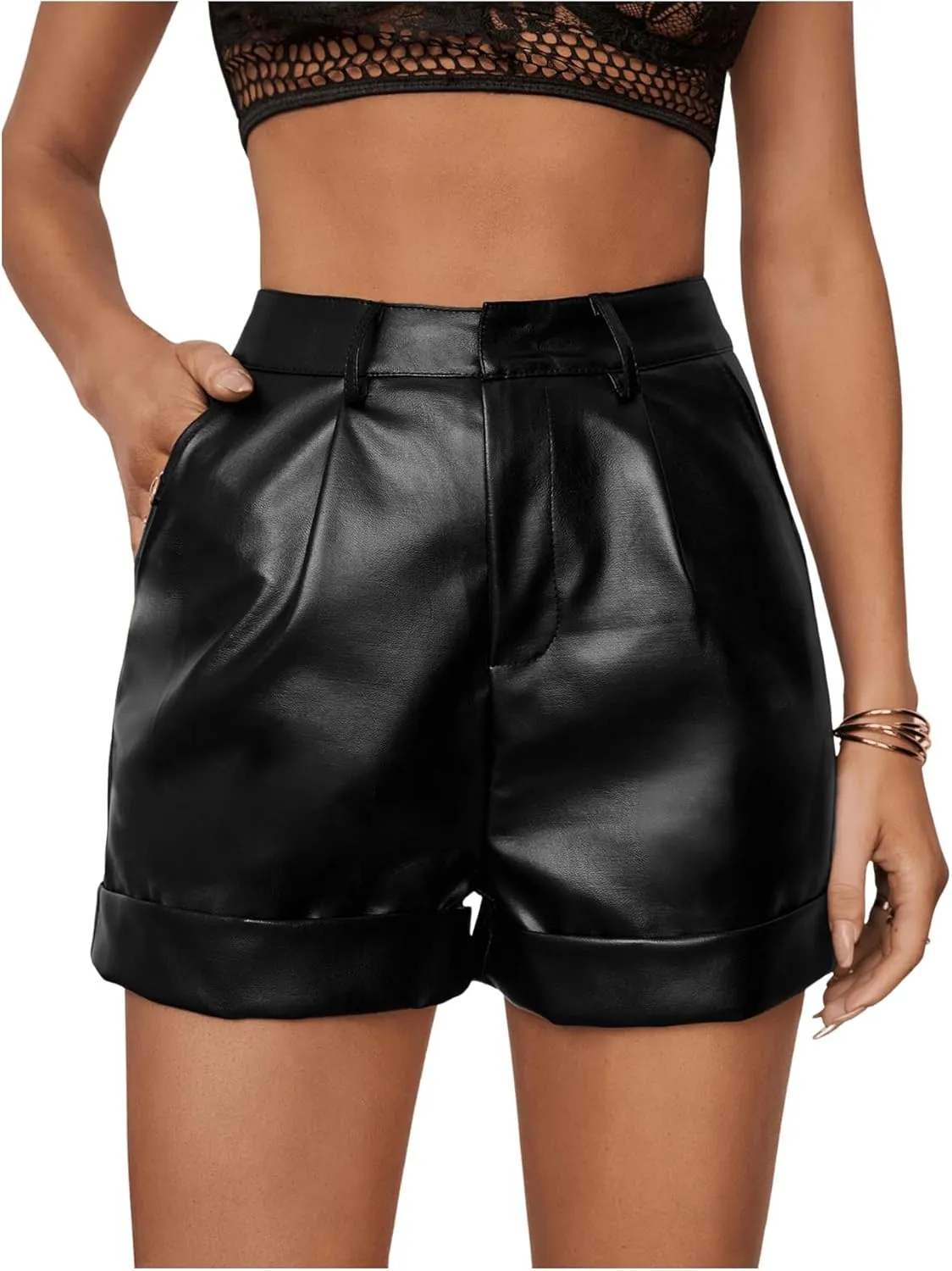 WDIRARA Women's High Waisted PU Leather Shorts Roll Hem Shorts with Pockets