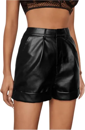 WDIRARA Women's High Waisted PU Leather Shorts Roll Hem Shorts with Pockets