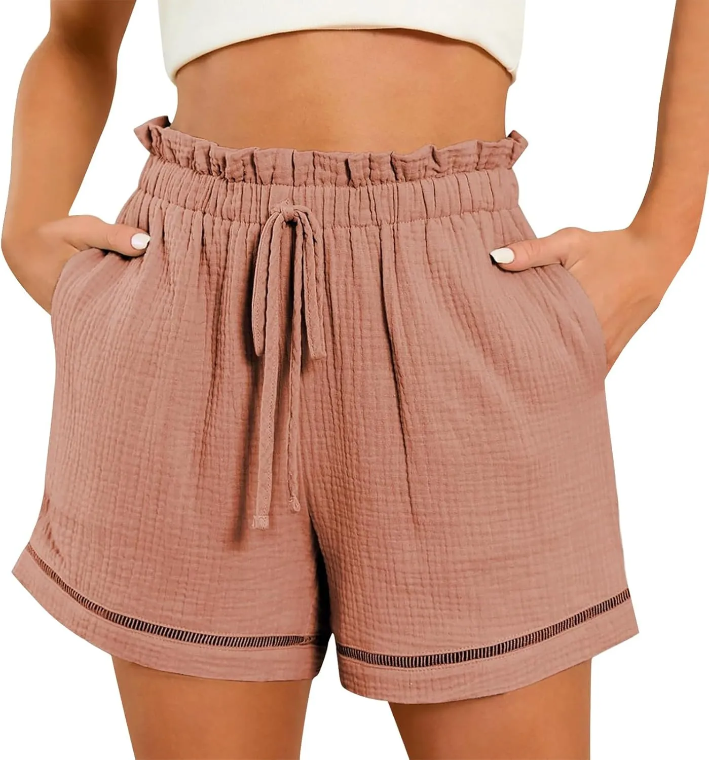White Shorts for Woman Plus Size High Waisted Shorts Lacing Beach Workout Pocket Five Point Pants White Shorts for