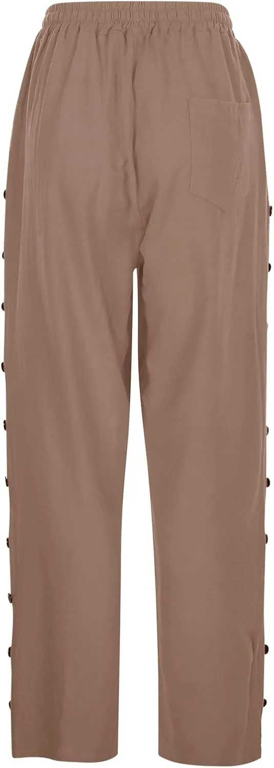 Wide Leg Cropped Pants Womens Lightweight Baggy Linen Straight Leg Trousers Casual Flowy Loose Linen Pants with Pockets