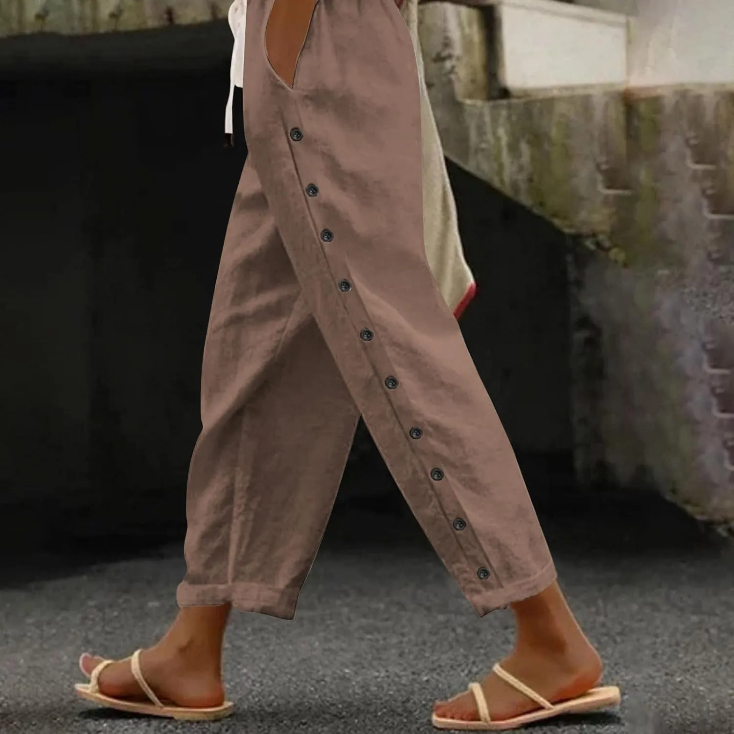 Wide Leg Cropped Pants Womens Lightweight Baggy Linen Straight Leg Trousers Casual Flowy Loose Linen Pants with Pockets