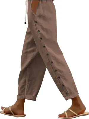 Wide Leg Cropped Pants Womens Lightweight Baggy Linen Straight Leg Trousers Casual Flowy Loose Linen Pants with Pockets