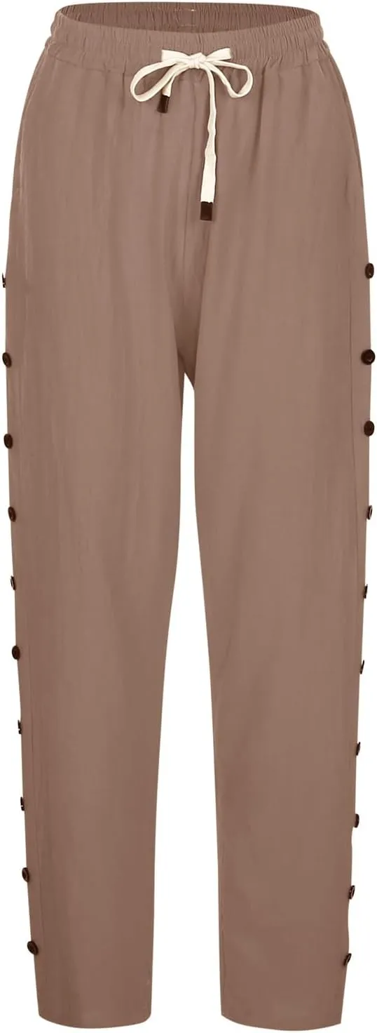 Wide Leg Cropped Pants Womens Lightweight Baggy Linen Straight Leg Trousers Casual Flowy Loose Linen Pants with Pockets