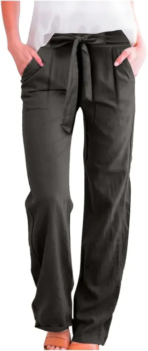 Wide Leg Linen Pants for Women Baggy Lightweight Casual Pants High Waist Drawstring Palazzo Pants Trousers w/Pockets