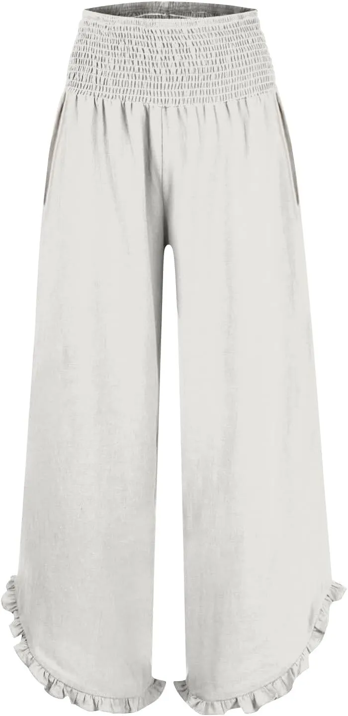 Wide Leg Linen Pants for Women Casual High Waisted Palazzo Pant Lightweight Summer Flowy Beach Pants with Pockets