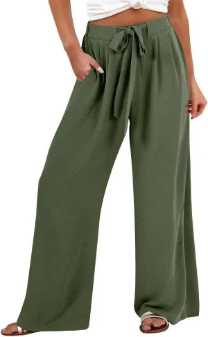 Wide Leg Linen Pants for Women Dressy High Waist Adjustable Knot Palazzo Lounge Trousers Business Work Casual Pants