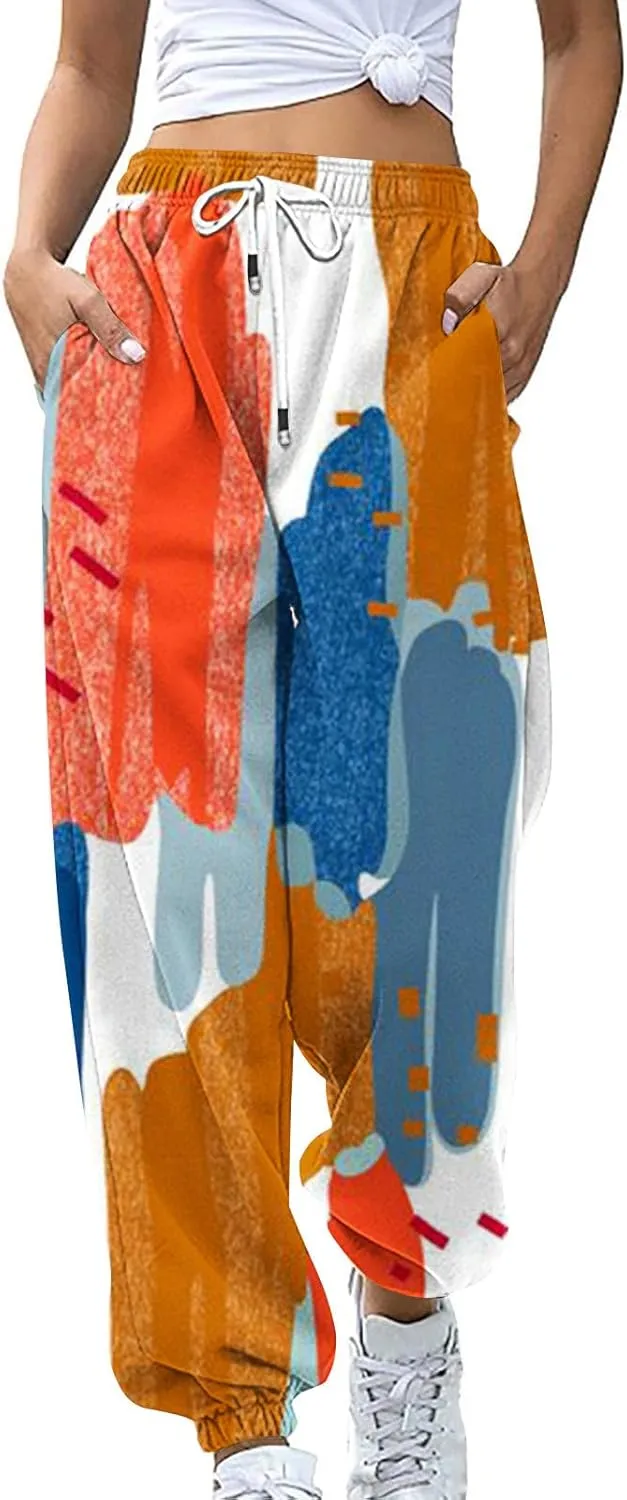 Wide Leg Sweatpants for Women Print High Waist Trouser with Pocket Cinch Bottom Pants Casual Athletic Pants