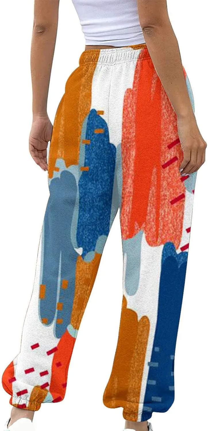 Wide Leg Sweatpants for Women Print High Waist Trouser with Pocket Cinch Bottom Pants Casual Athletic Pants