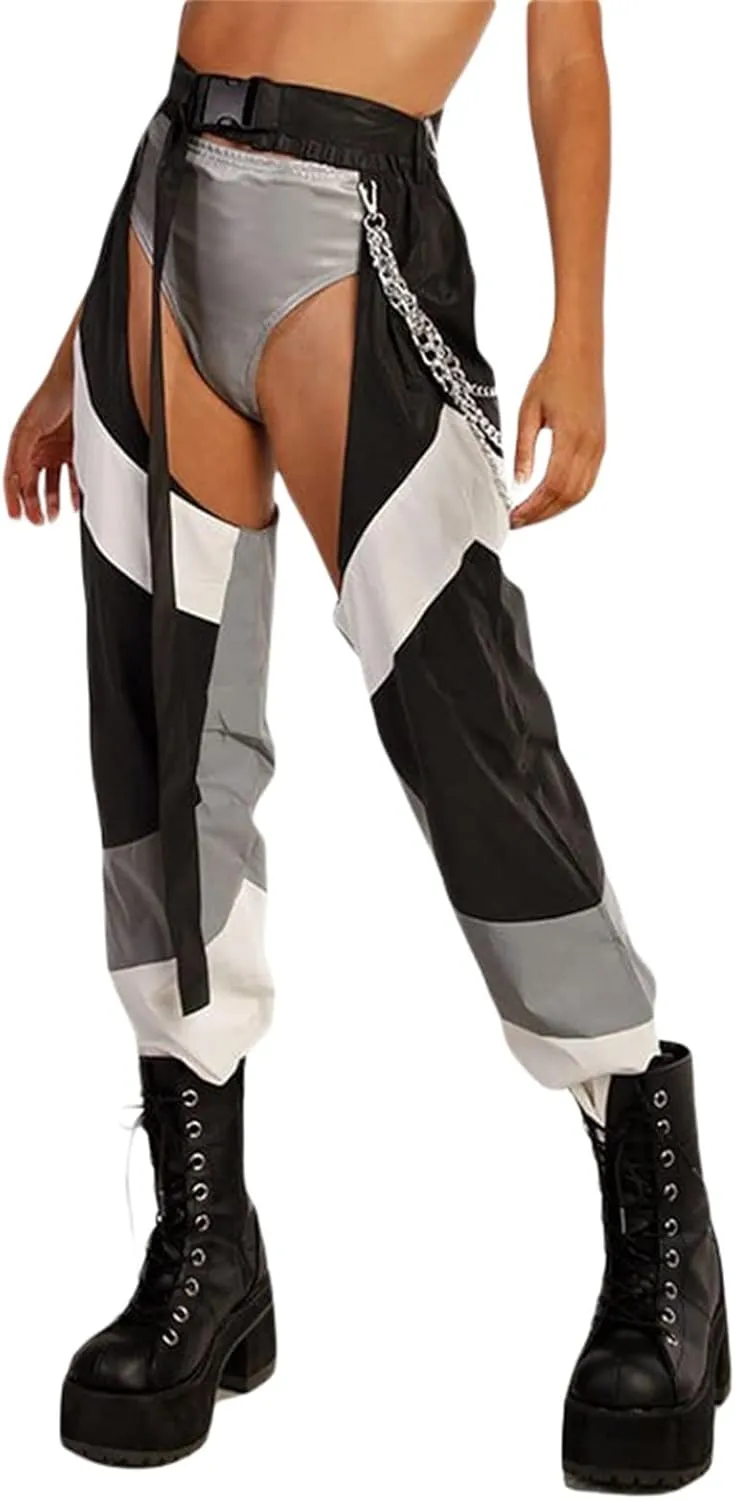 Women Buckle Bottomless Pants Sexy High Waist Chaps Hollow Out Cargo Crotch Pants See Through Rave Leggings Harem Trousers