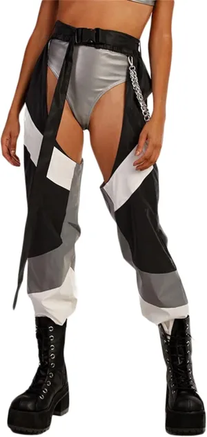 Women Buckle Bottomless Pants Sexy High Waist Chaps Hollow Out Cargo Crotch Pants See Through Rave Leggings Harem Trousers