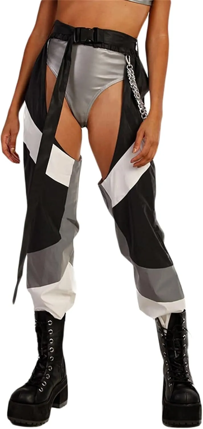 Women Buckle Bottomless Pants Sexy High Waist Chaps Hollow Out Cargo Crotch Pants See Through Rave Leggings Harem Trousers