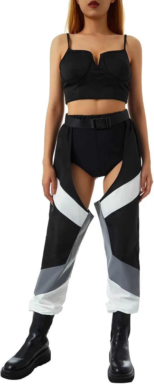 Women Buckle Bottomless Pants Sexy High Waist Chaps Hollow Out Cargo Crotch Pants See Through Rave Leggings Harem Trousers