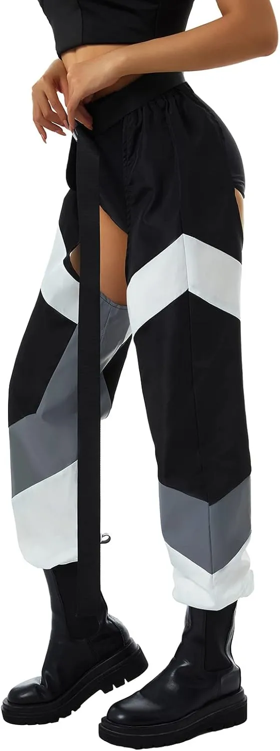 Women Buckle Bottomless Pants Sexy High Waist Chaps Hollow Out Cargo Crotch Pants See Through Rave Leggings Harem Trousers