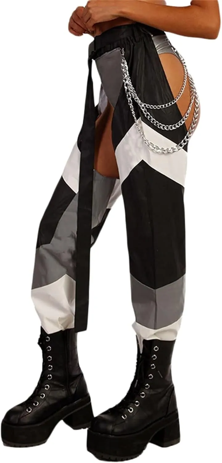 Women Buckle Bottomless Pants Sexy High Waist Chaps Hollow Out Cargo Crotch Pants See Through Rave Leggings Harem Trousers