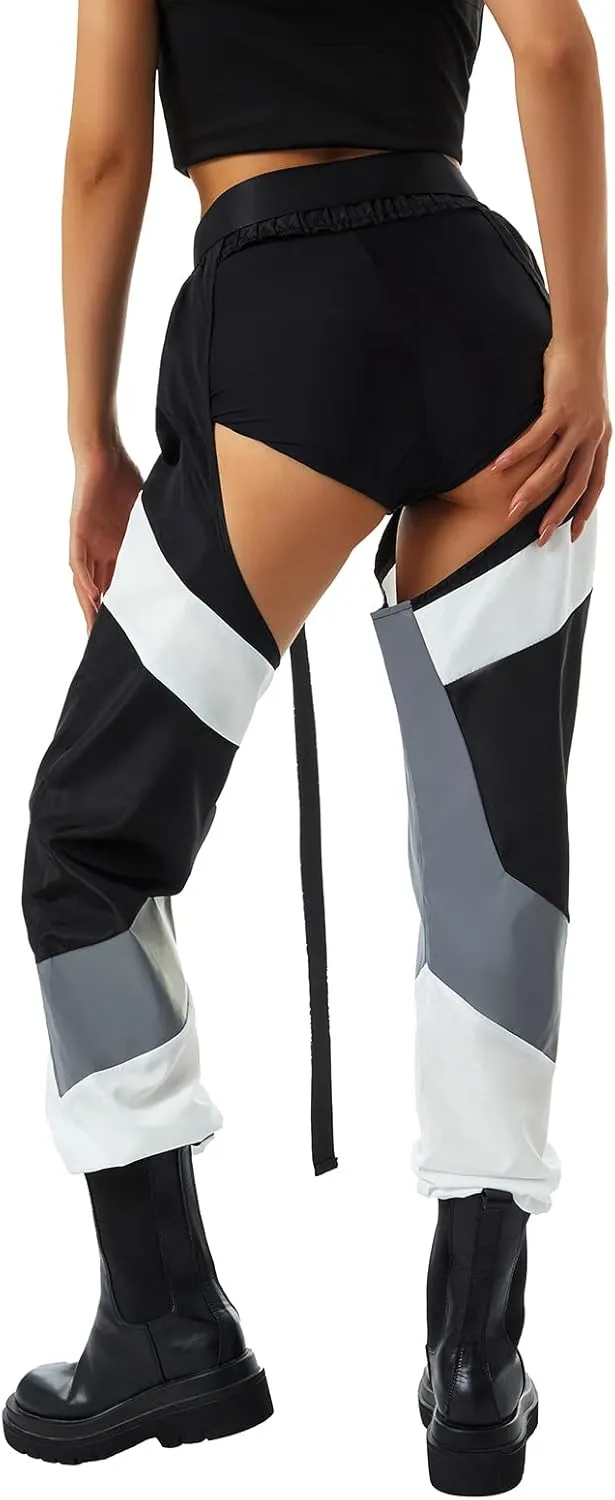 Women Buckle Bottomless Pants Sexy High Waist Chaps Hollow Out Cargo Crotch Pants See Through Rave Leggings Harem Trousers