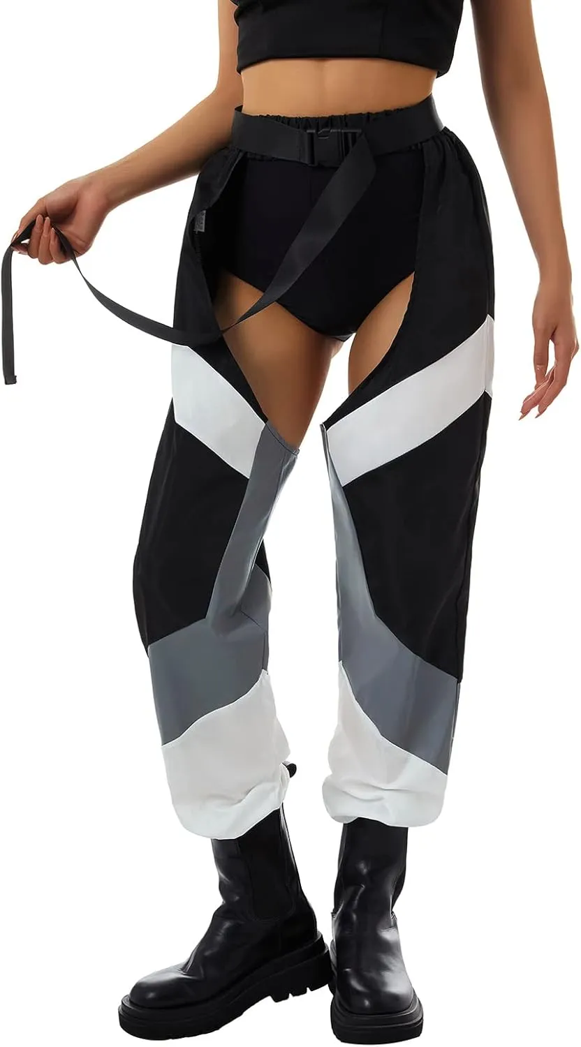 Women Buckle Bottomless Pants Sexy High Waist Chaps Hollow Out Cargo Crotch Pants See Through Rave Leggings Harem Trousers