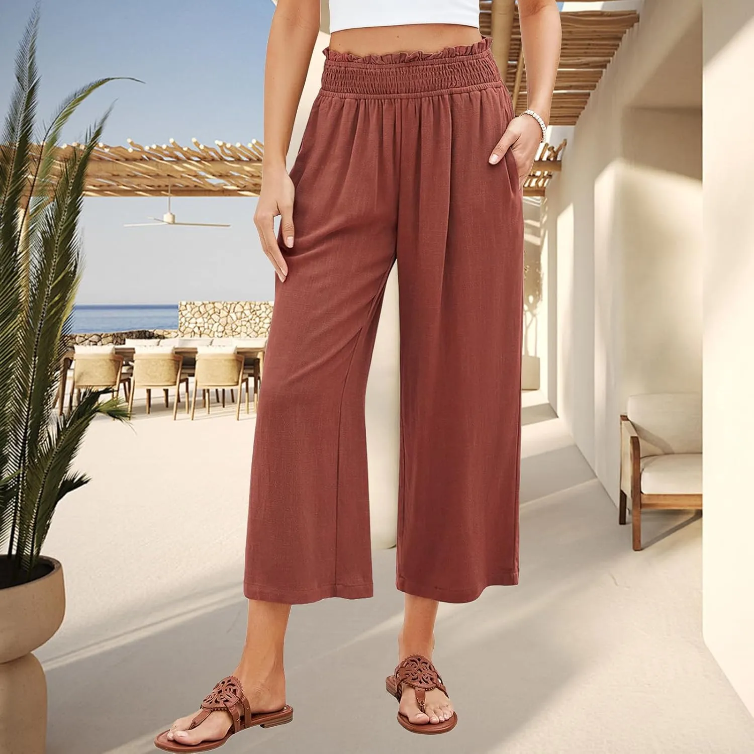 Women Capri Linen Pant Casual Loose High Waist Wide Leg Cropped Palazzo Trousers Summer Elastic Waist Flowy Beach Pants