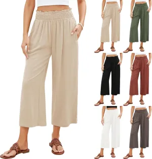 Women Capri Linen Pant Casual Loose High Waist Wide Leg Cropped Palazzo Trousers Summer Elastic Waist Flowy Beach Pants