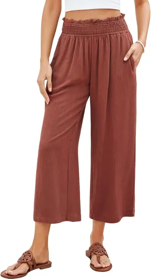 Women Capri Linen Pant Casual Loose High Waist Wide Leg Cropped Palazzo Trousers Summer Elastic Waist Flowy Beach Pants