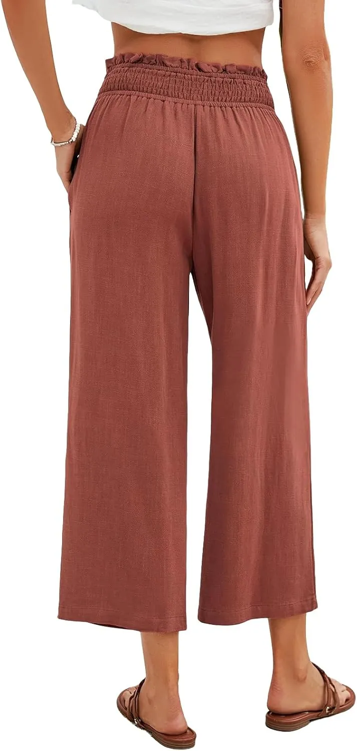 Women Capri Linen Pant Casual Loose High Waist Wide Leg Cropped Palazzo Trousers Summer Elastic Waist Flowy Beach Pants