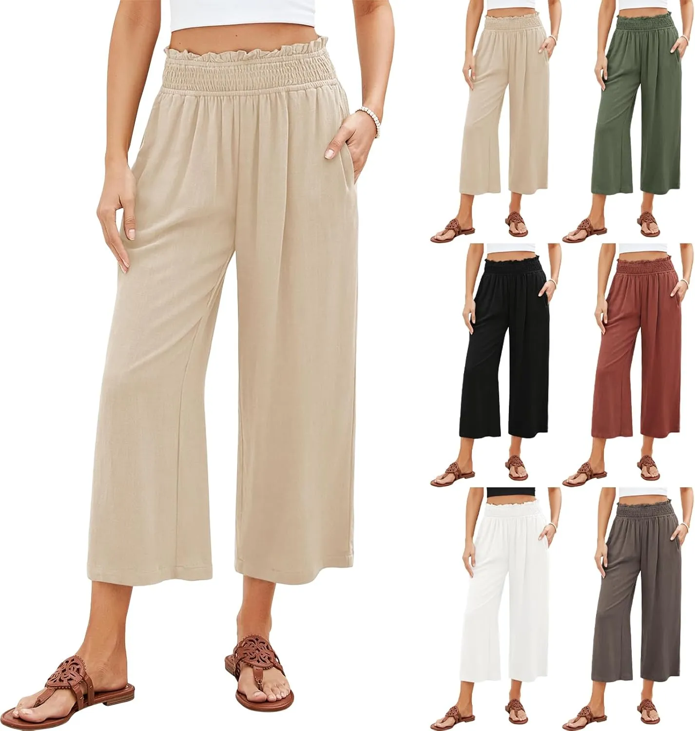 Women Capri Linen Pant Casual Loose High Waist Wide Leg Cropped Palazzo Trousers Summer Elastic Waist Flowy Beach Pants