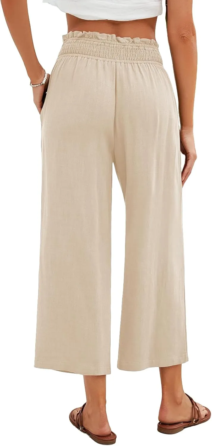 Women Capri Linen Pant Casual Loose High Waist Wide Leg Cropped Palazzo Trousers Summer Elastic Waist Flowy Beach Pants