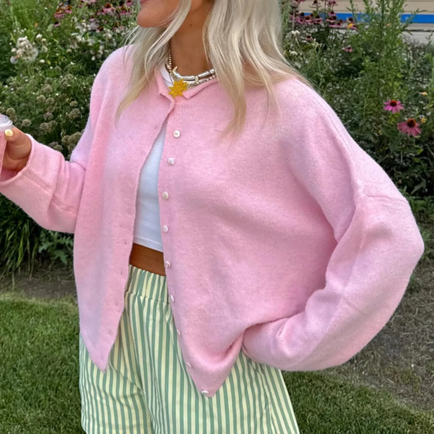 Women Casual Cardigan Sweaters Crewneck Button Down Knit Tops Going Out Lightweight Knitwear