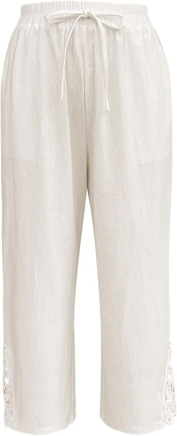 Women Casual Lightweight Drawstring Elastic Waist Pants with Pockets High Waist Straight Leg Beach Trousers 2025