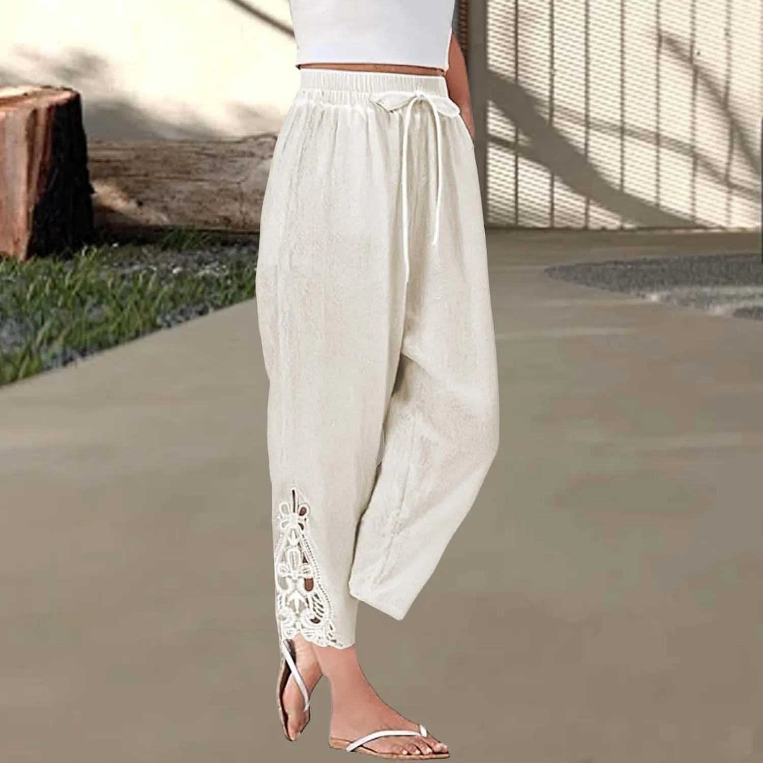 Women Casual Lightweight Drawstring Elastic Waist Pants with Pockets High Waist Straight Leg Beach Trousers 2025