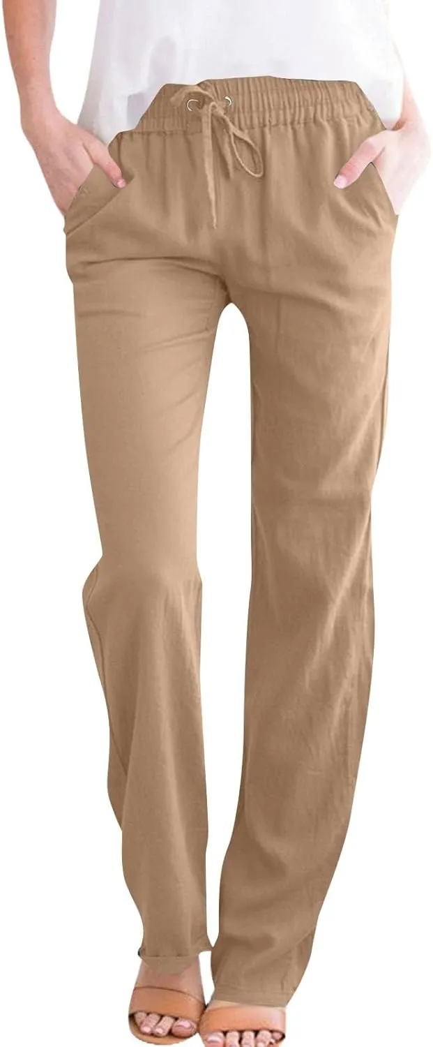 Women Cotton Linen Pants Casual Elastic Drawstring Straight Leg Pants Trousers with Pockets Summer Beach Lounge Pants