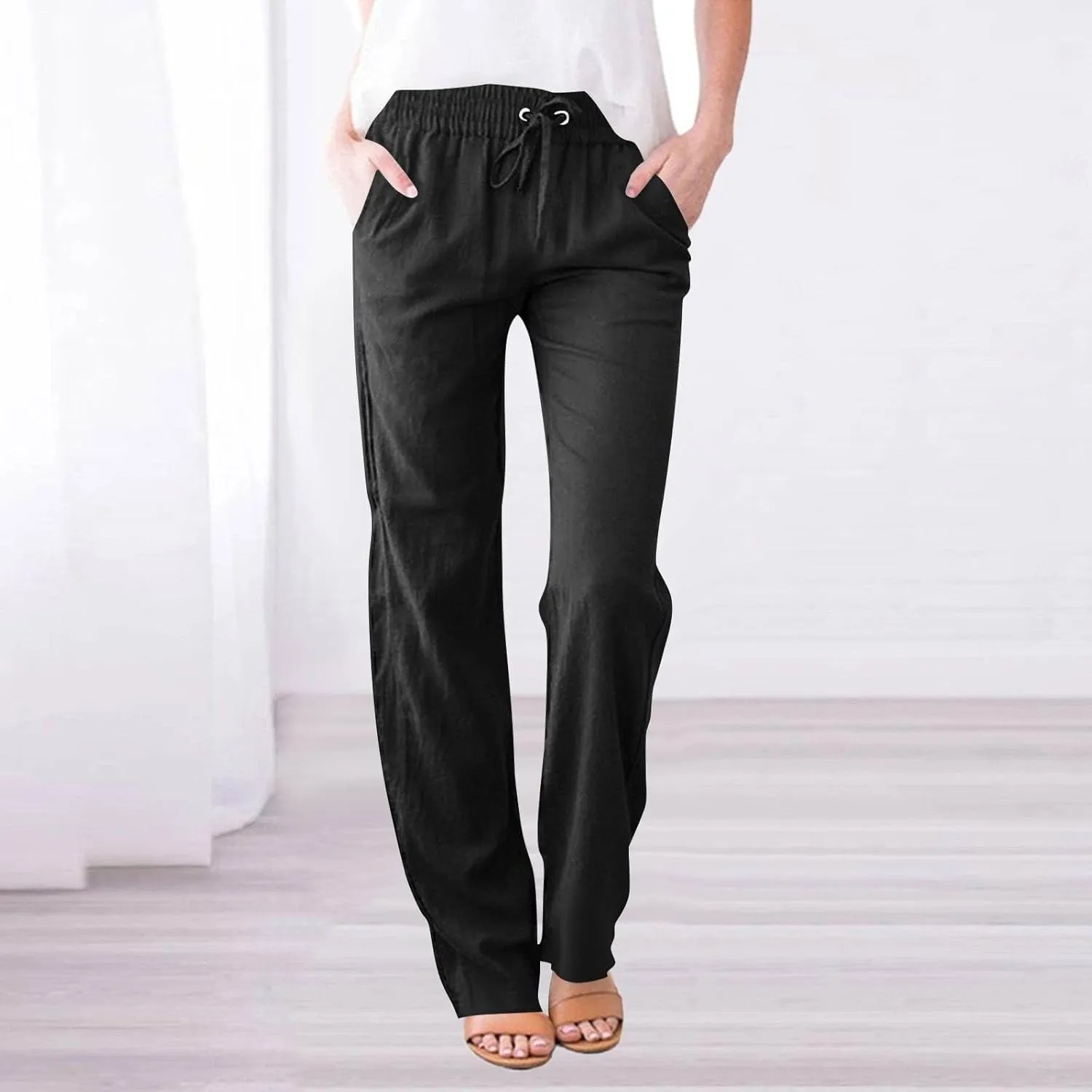 Women Cotton Linen Pants Casual Elastic Drawstring Straight Leg Pants Trousers with Pockets Summer Beach Lounge Pants